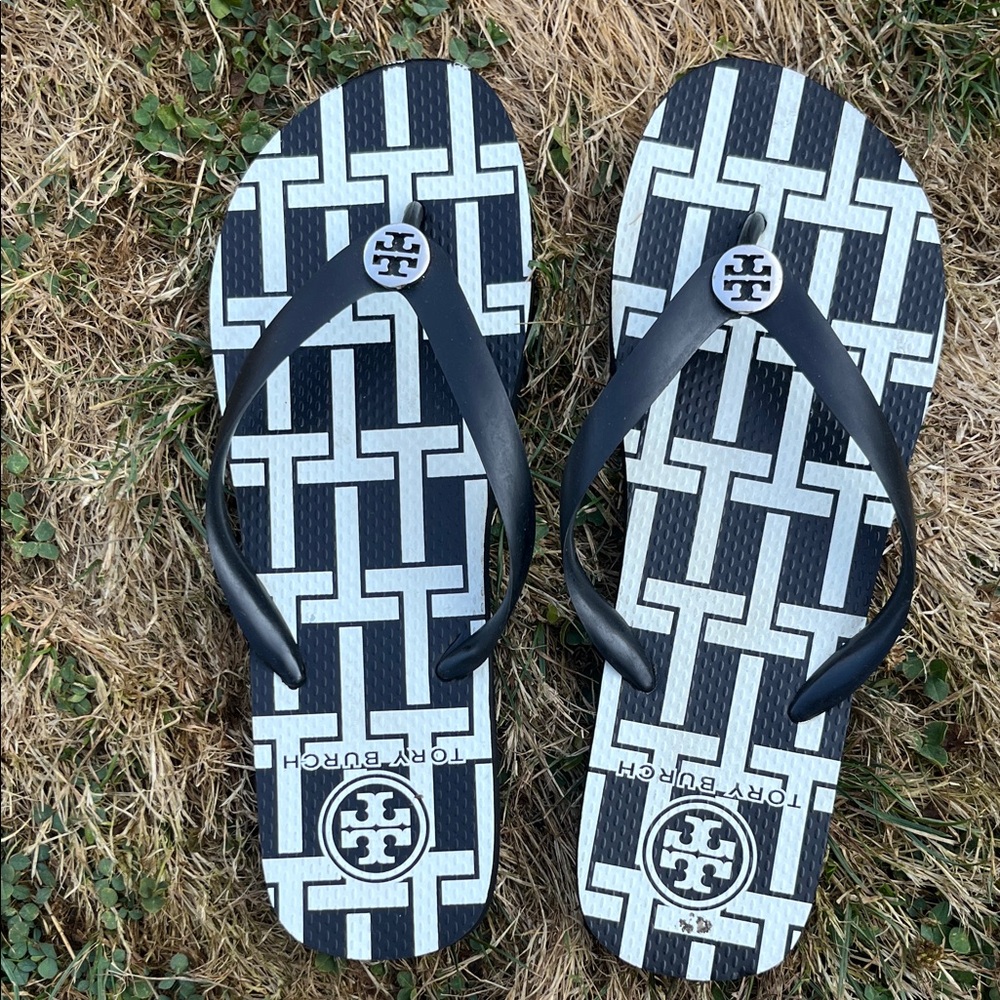 Tory Burch Black and White Patterned Sandals